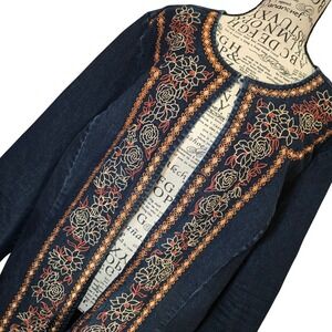 Jessica London Embroidered Women's 18W Boho Denim Jacket‎ Open Front Long Sleeve